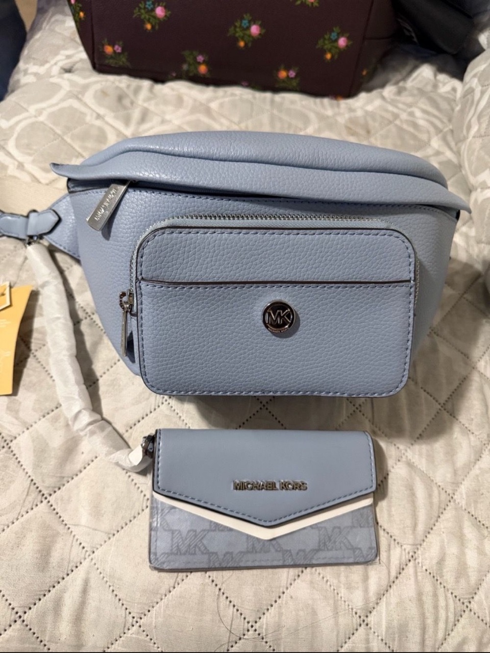 Michael Kors Light Blue Leather Crossbody Belt Bag with Matching Card Case
